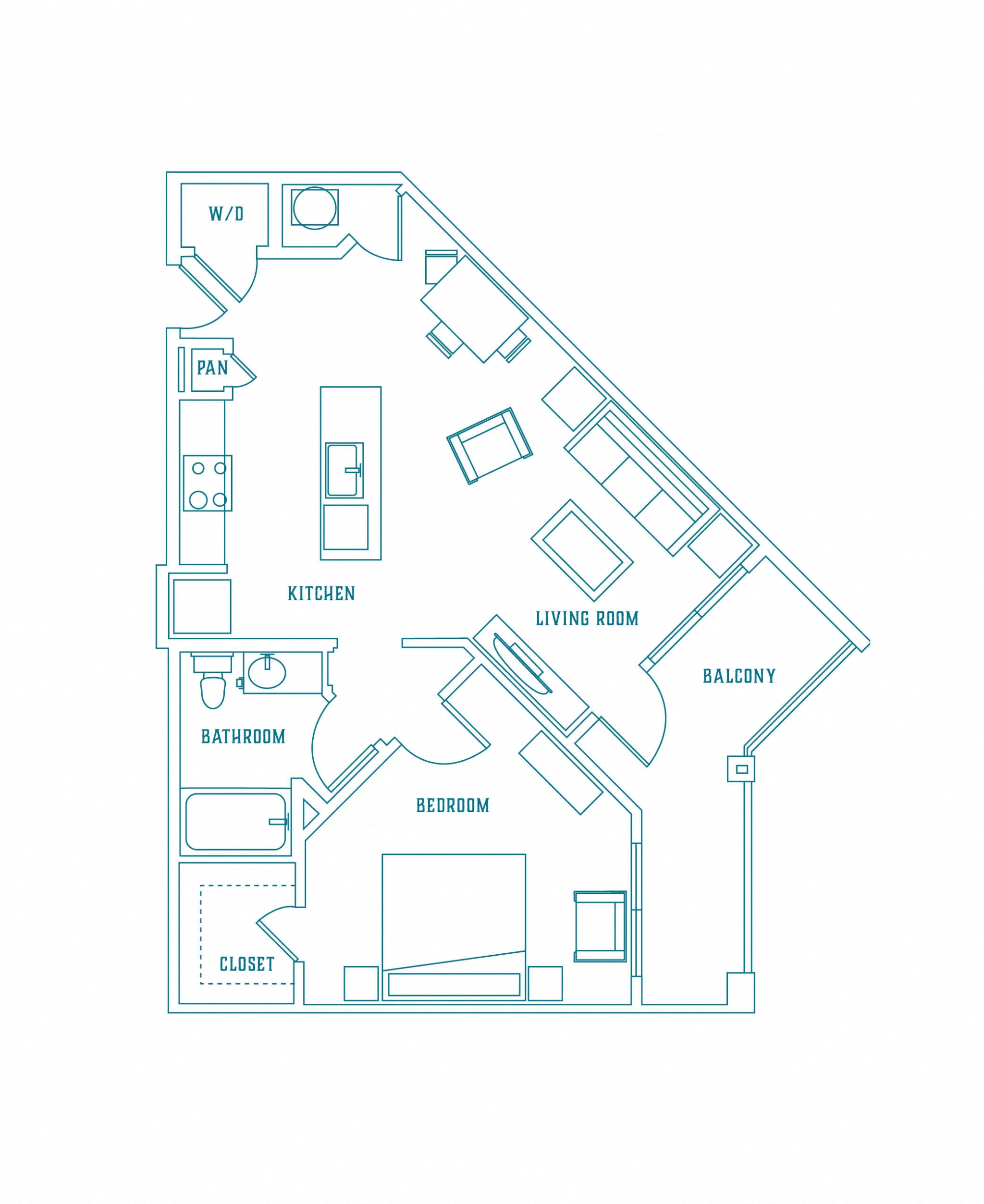 Floor plan for 1 bed, 1 bath, 895 sqft